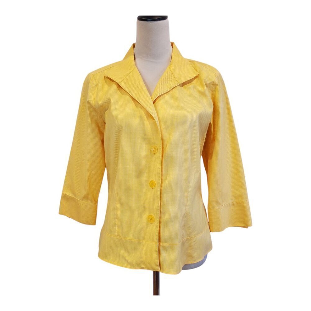 COLDWATER CREEK Yellow Gingham Blouse Button-up 3/4 Sleeve Shirt Top